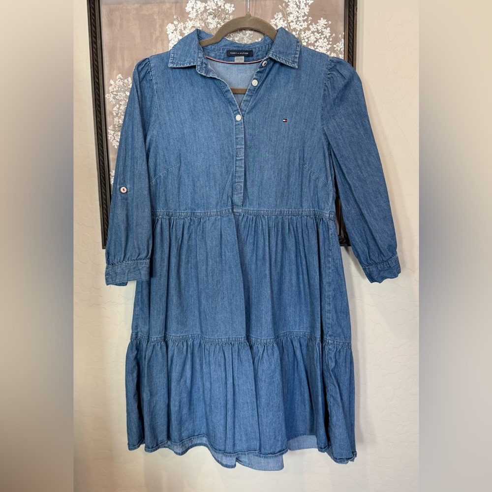 Tommy Hilfiger Light Blue Denim Shirt Dress with Signature Stripe